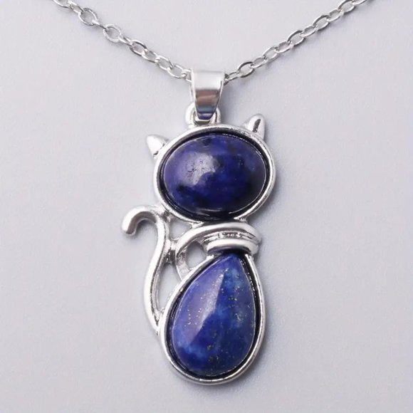 Lapis Lazuli Natural Stone Cute Cat Pendant Necklace - Picture 2 of 5